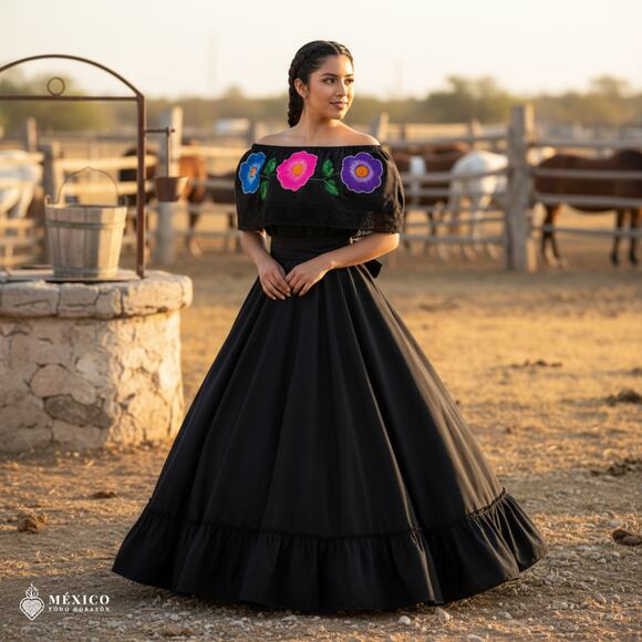 Traditional Mexican Embroidered Floral Dress Set – Handmade Two-Piece - Picture 3 of 8